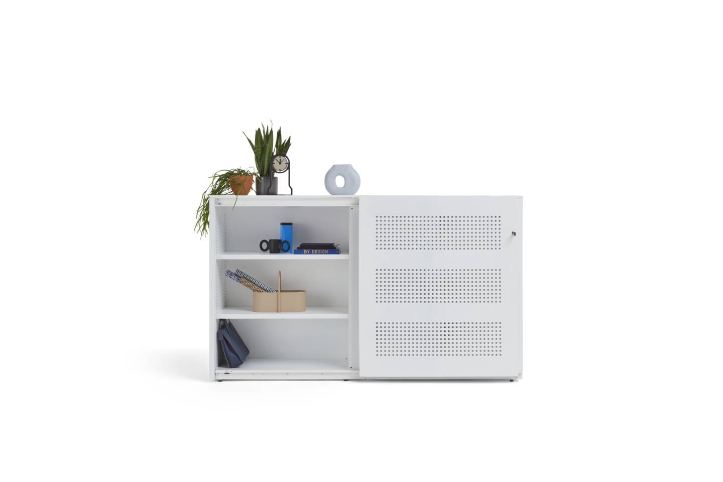 landscapexl-Gispen-SDK-sliding-door-cabinet-mid-in-white-with-square-perforation-and-left-door-open-styled